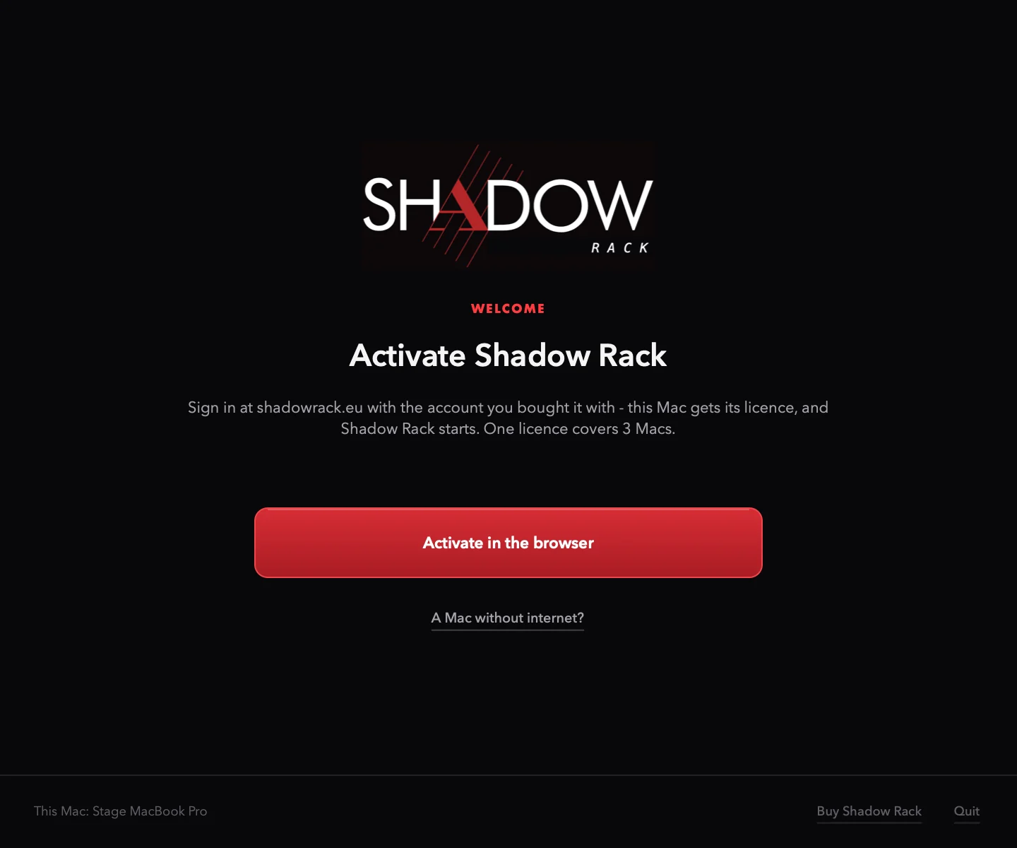 The activation window: one button for a Mac with internet, a link for one without
