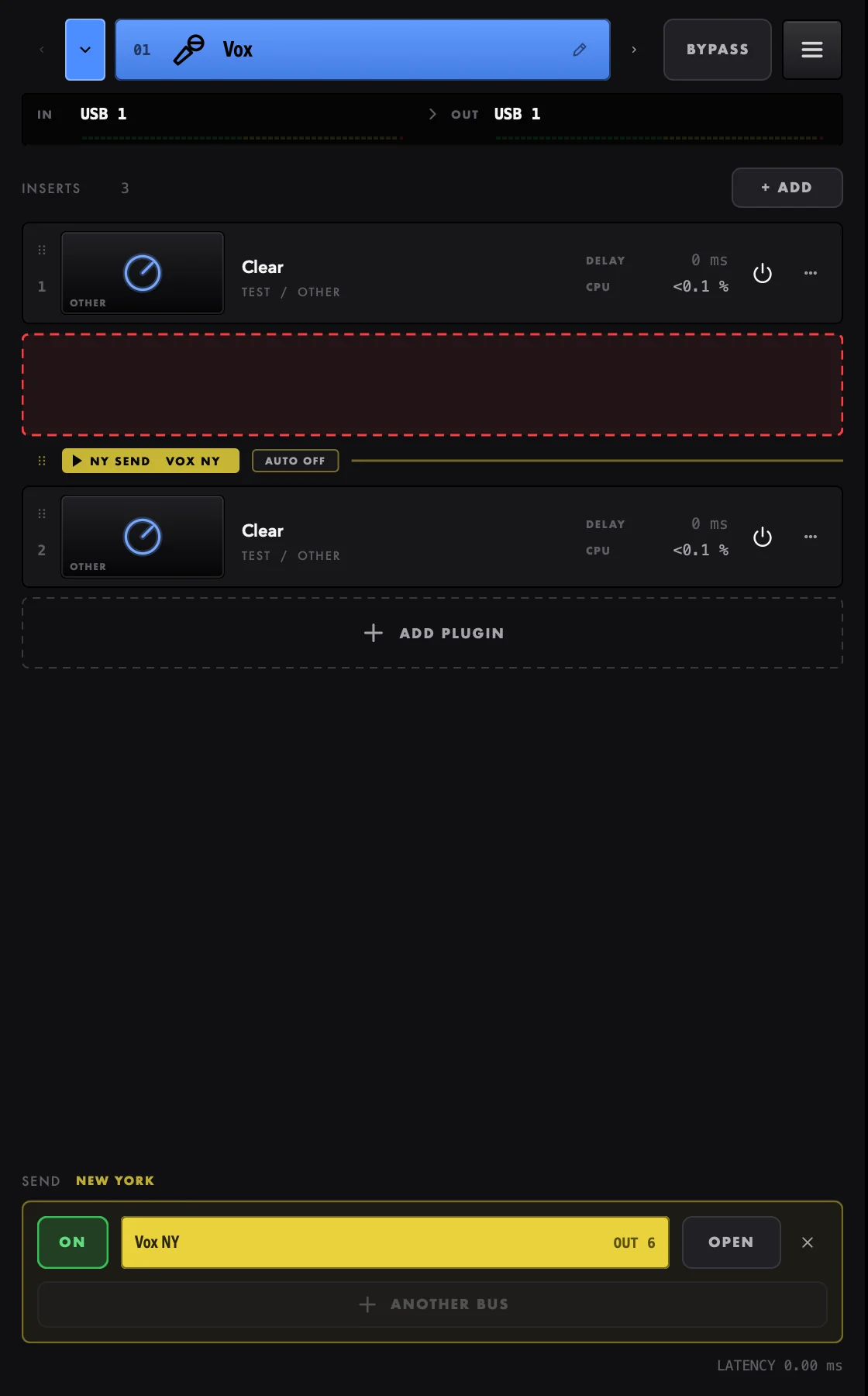 Dragging a plugin: the red gap shows where it lands
