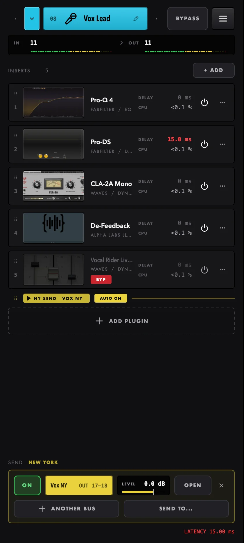 Vox Lead's chain: five plugins, the last one bypassed, the New York send after them