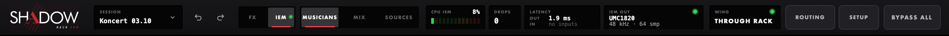 The top bar in the IEM layer: MUSICIANS, MIX, SOURCES and the in-ear engine's read-outs
