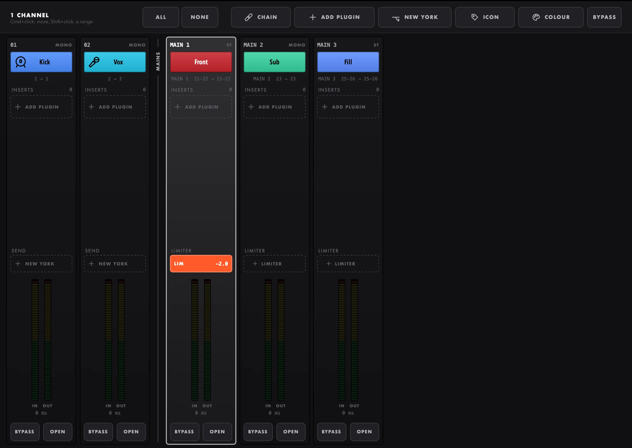 The mixer: MAIN 1 limiting, MAIN 2 and 3 without a limiter
