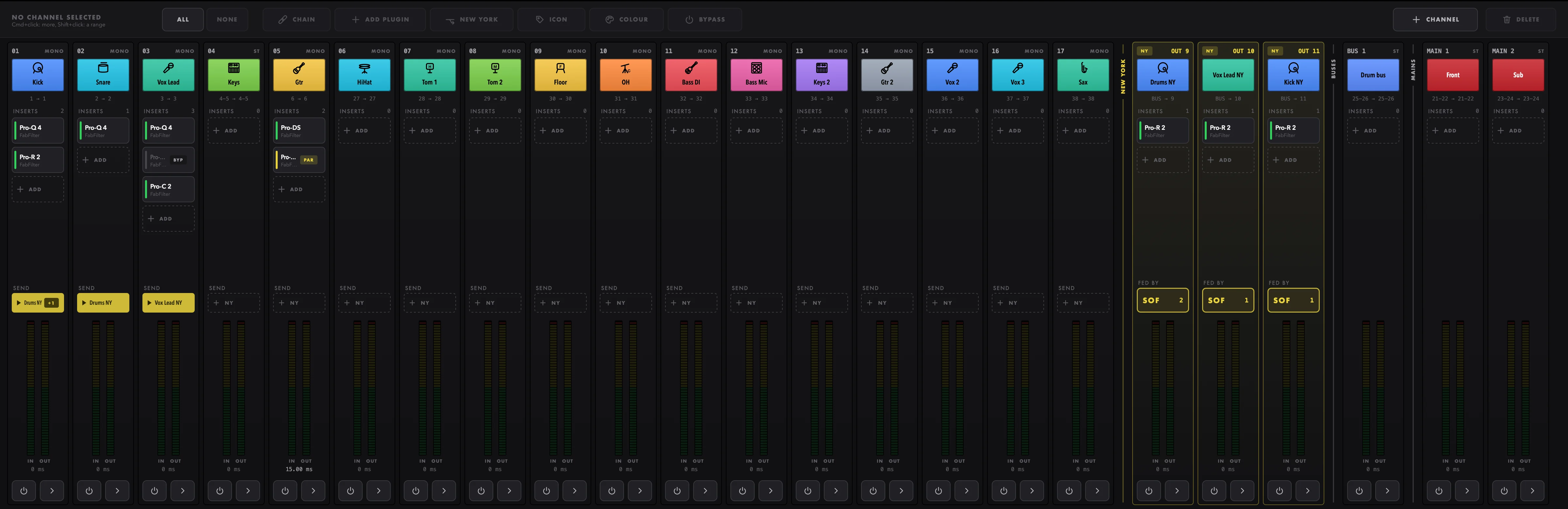 The mixer with many channels: narrow strips, icons above the names