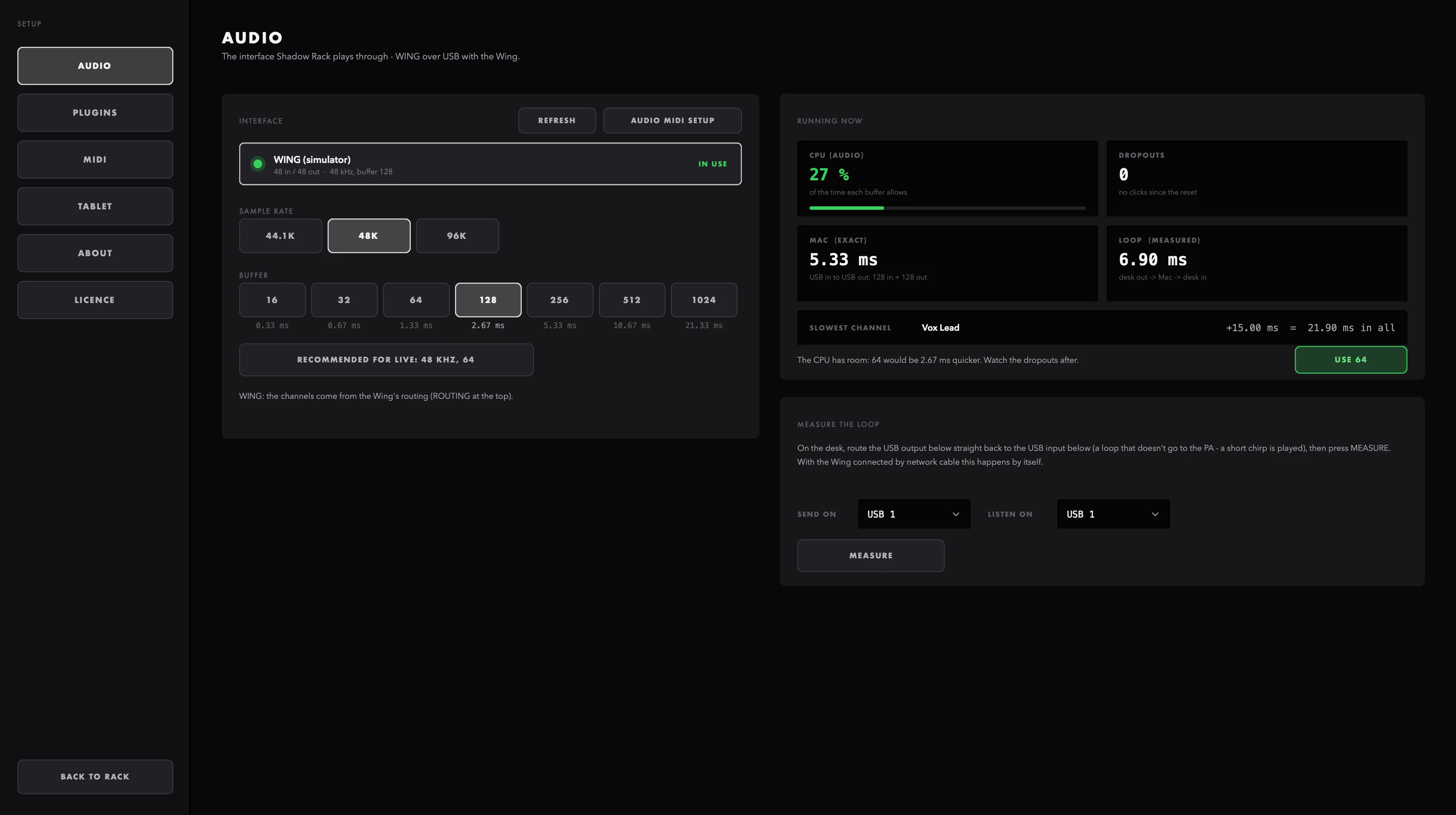 Setup > Audio while it runs: the interface on the left, CPU load and latency on the right
