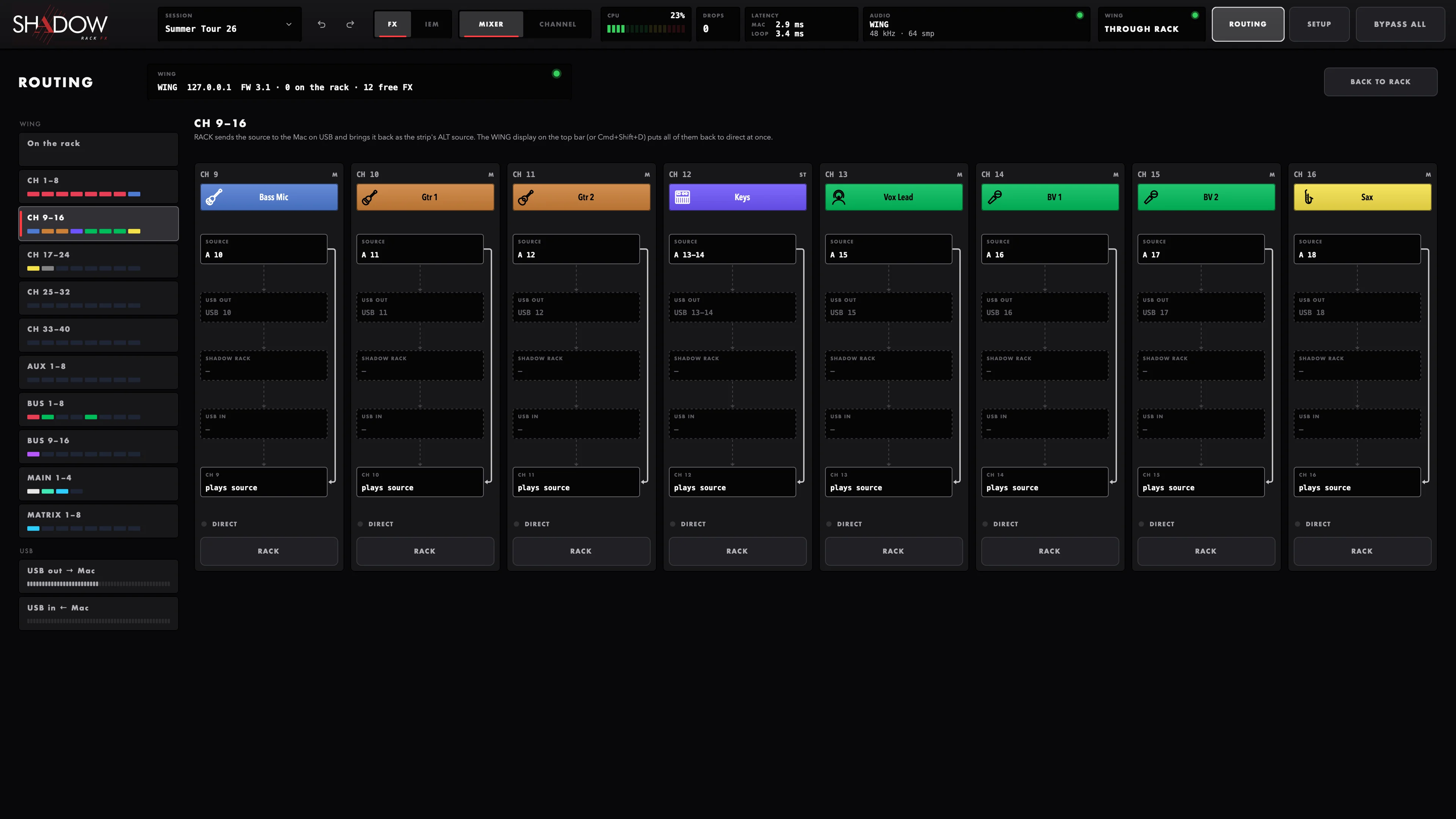 The routing view before RACK: CH 9–16, every strip direct