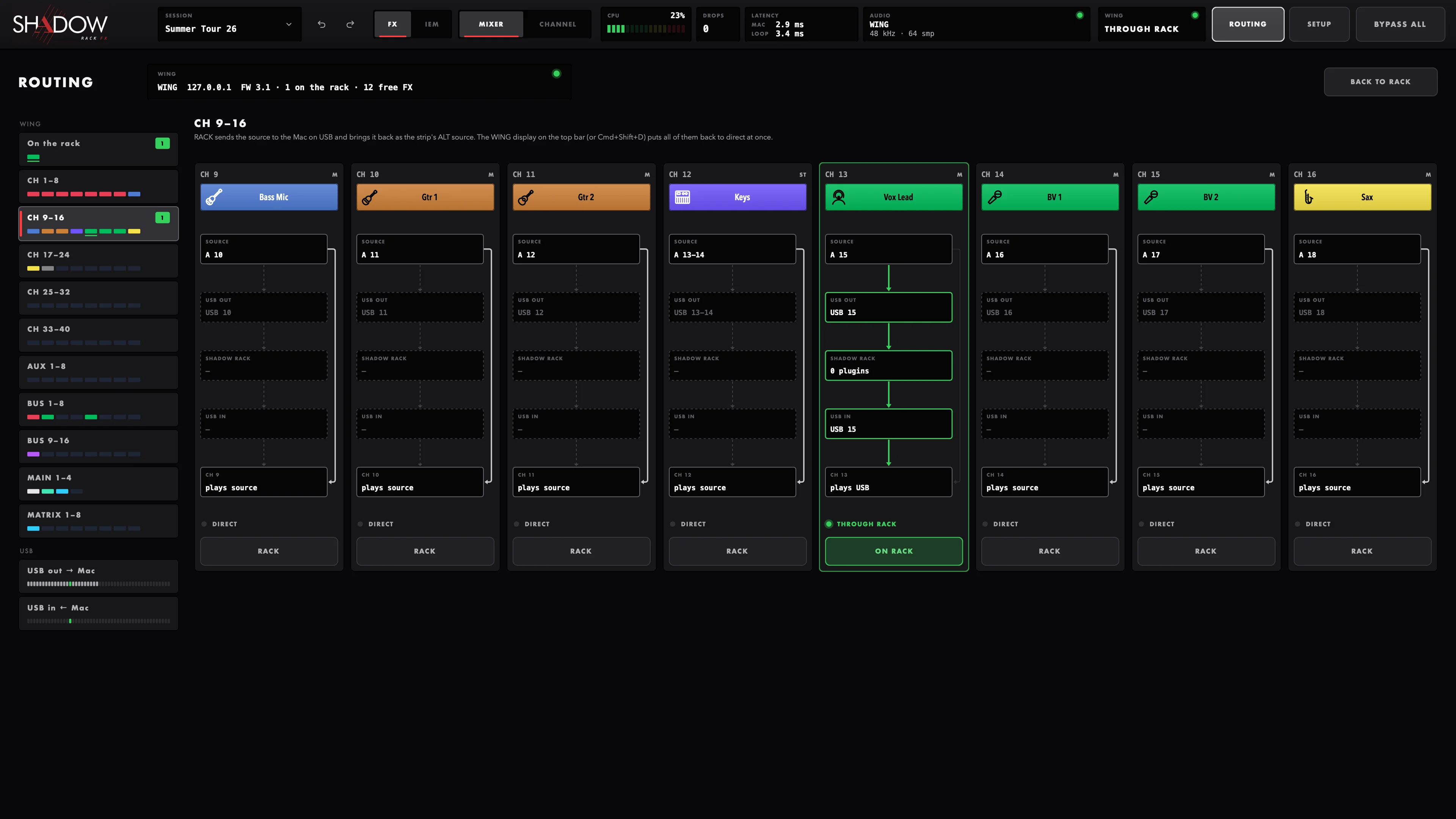CH 13 (Vox Lead) after RACK: the path through the Mac lit green