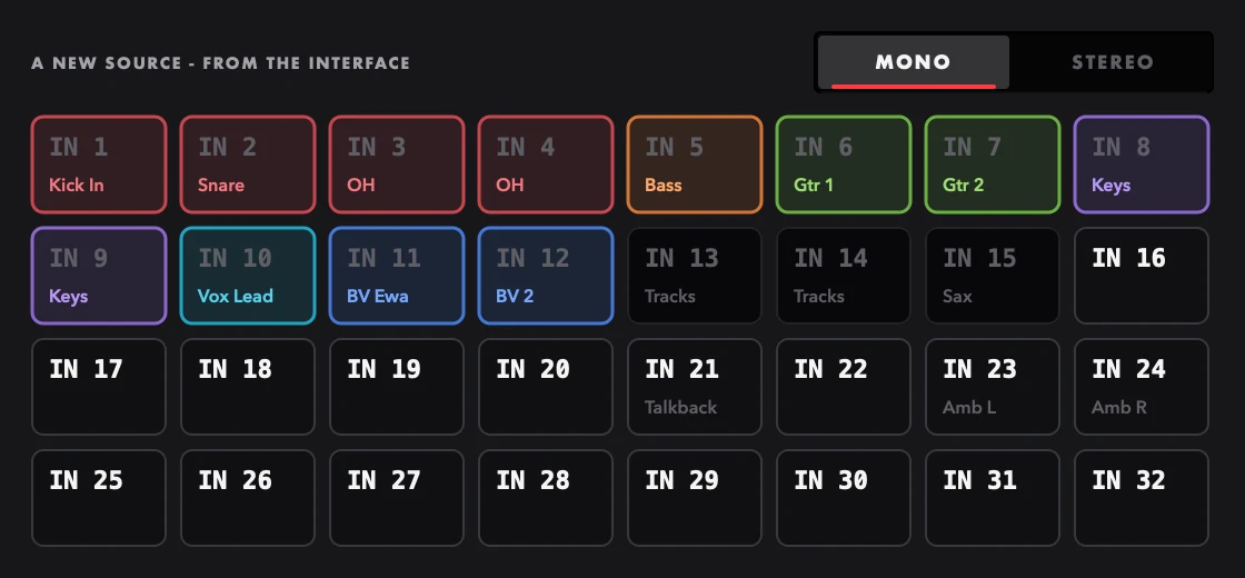 Picking a source from the interface's inputs, named and coloured like the rack's channels