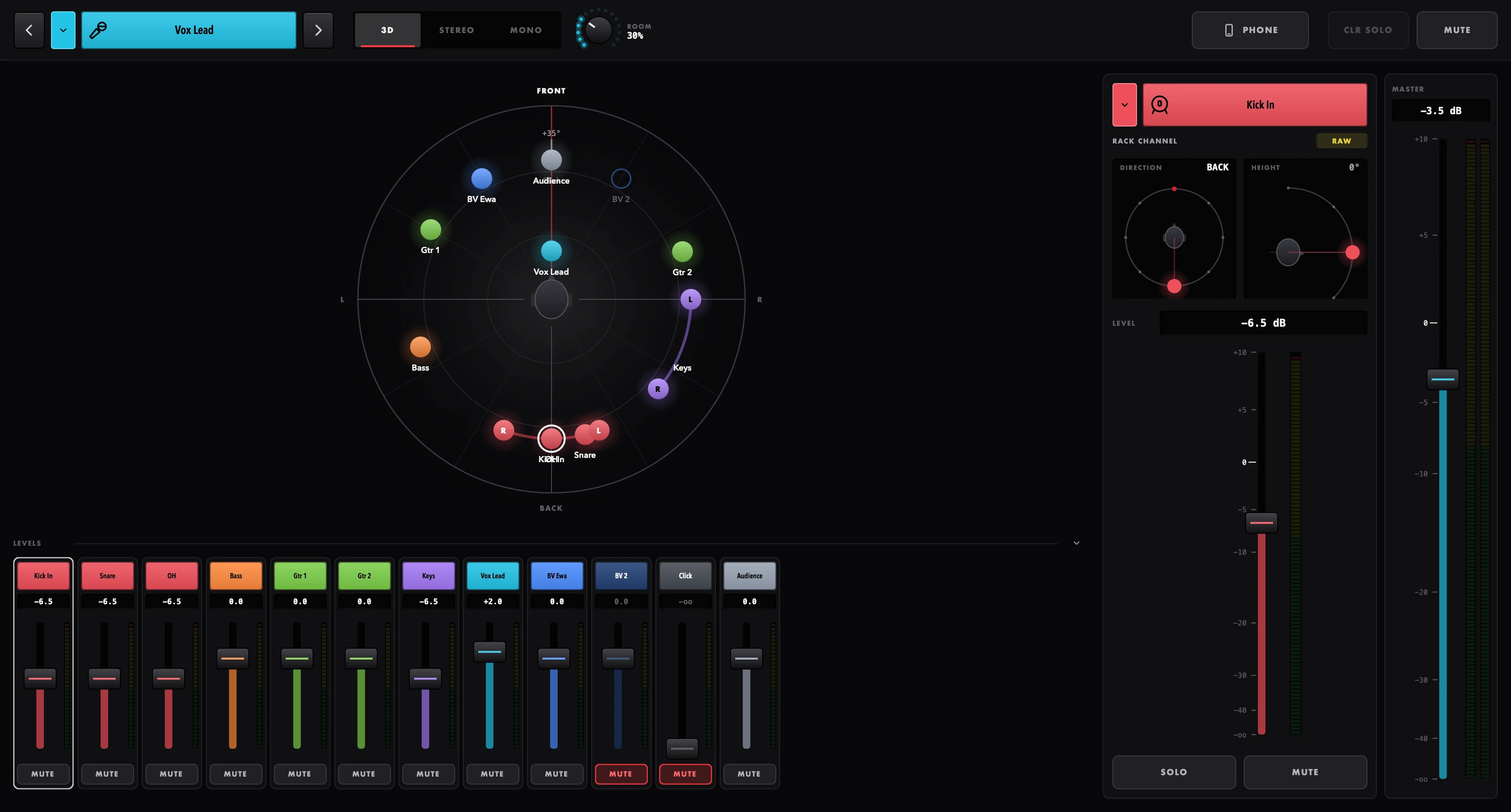 One musician's mix: the band around the head, the levels below, the selected source's direction and height