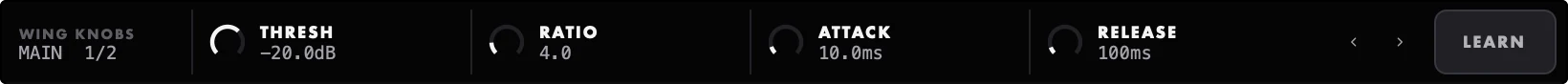 The WING knobs strip under a plugin: THRESH, RATIO, ATTACK, RELEASE