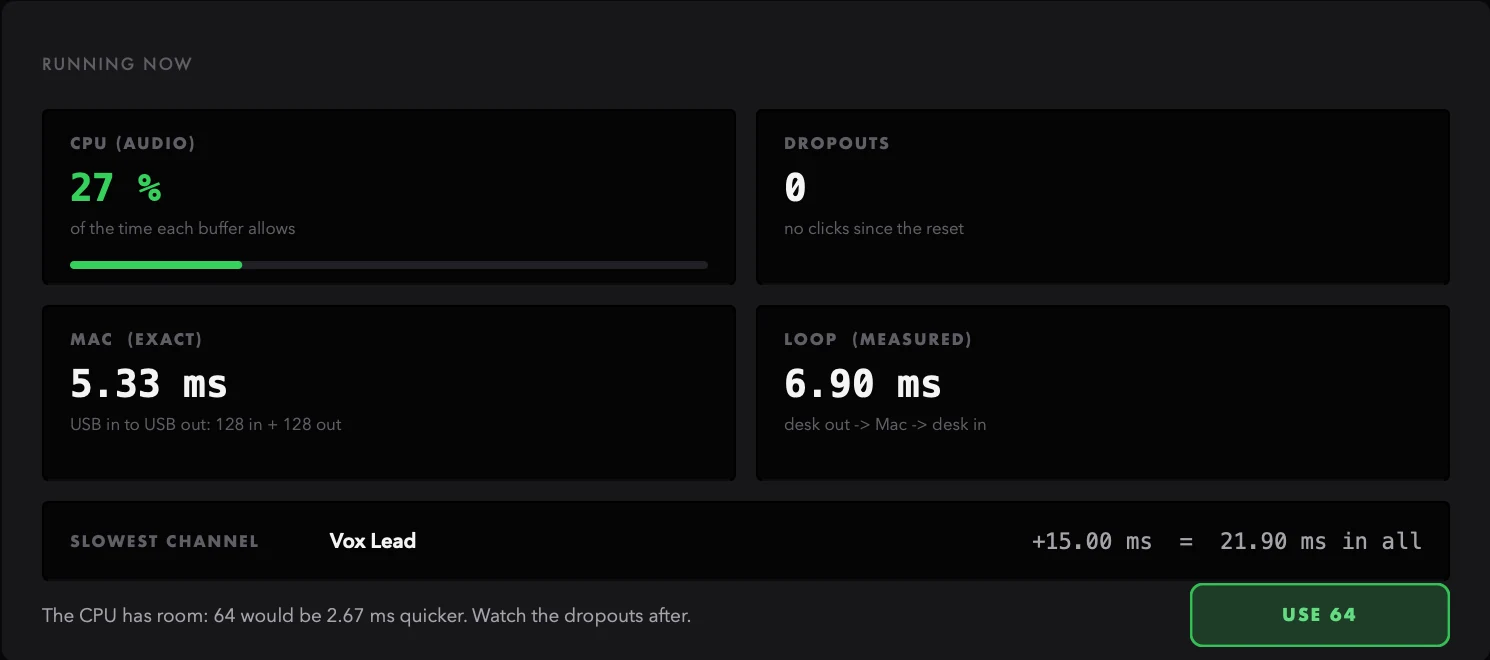 Setup: CPU, dropouts, the Mac's exact latency, the measured loop, the slowest channel and a buffer suggestion