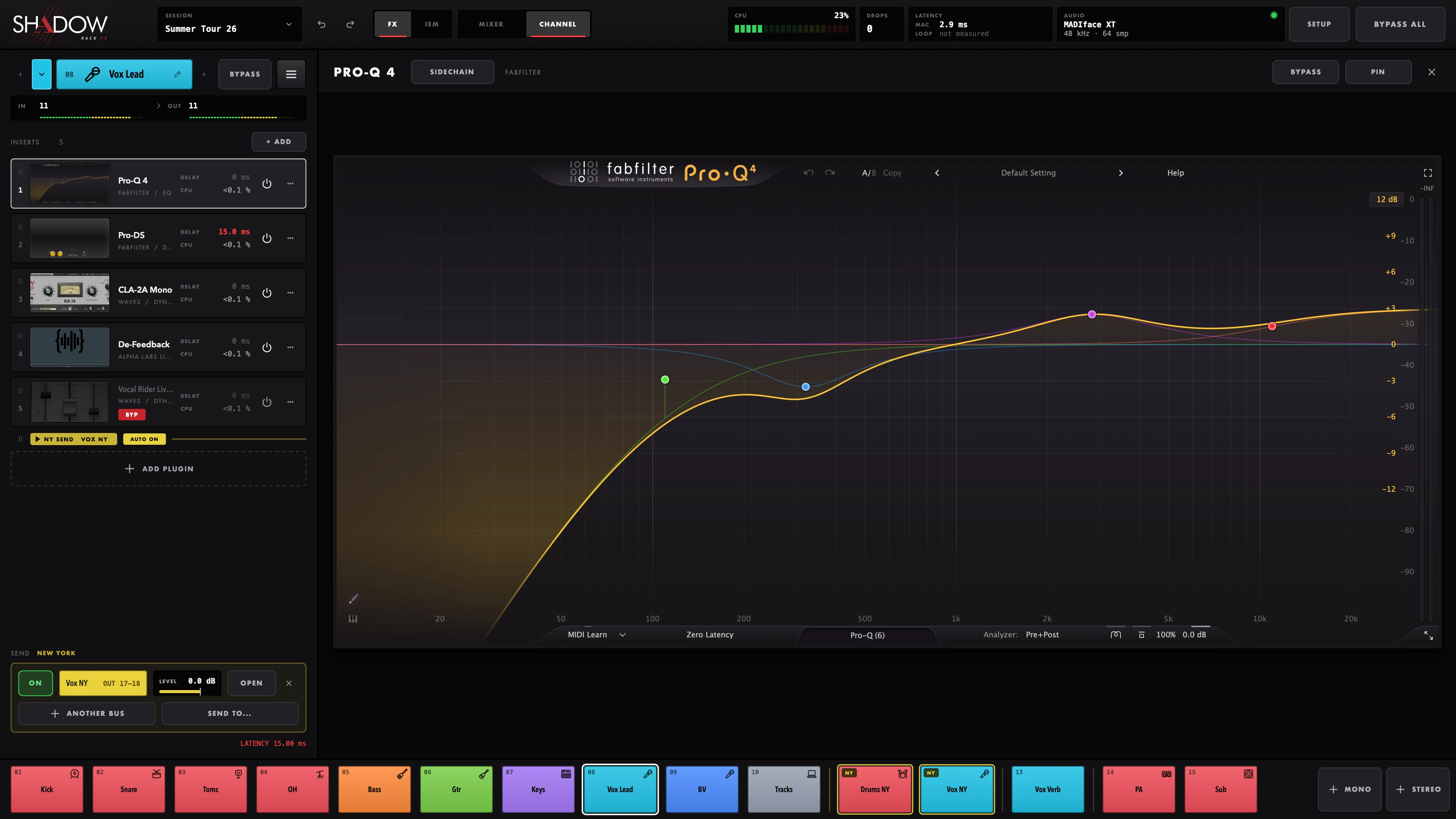 Shadow Rack's channel view: the lead vocal's plugins on the left, Pro-Q 4's own window next to them, the band's channels along the bottom
