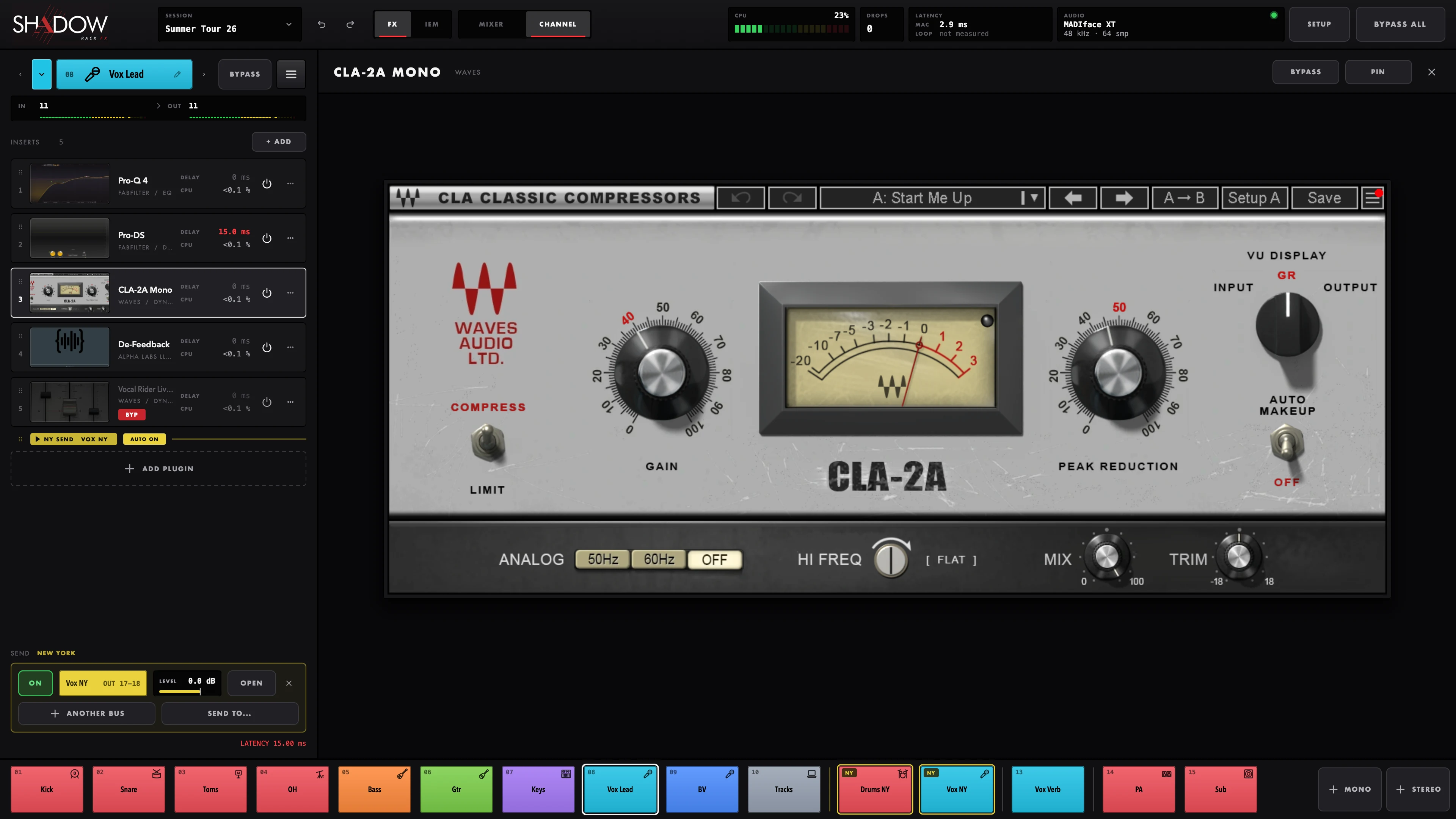 The channel view: the vocal's chain on the left, CLA-2A's own window next to it, the channels along the bottom